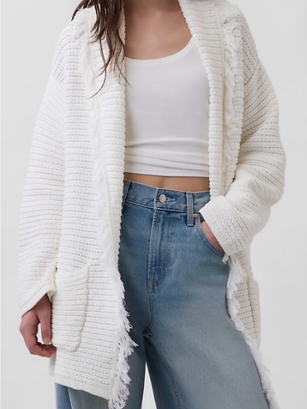 GAP White Textured Knit Belted Cardigan